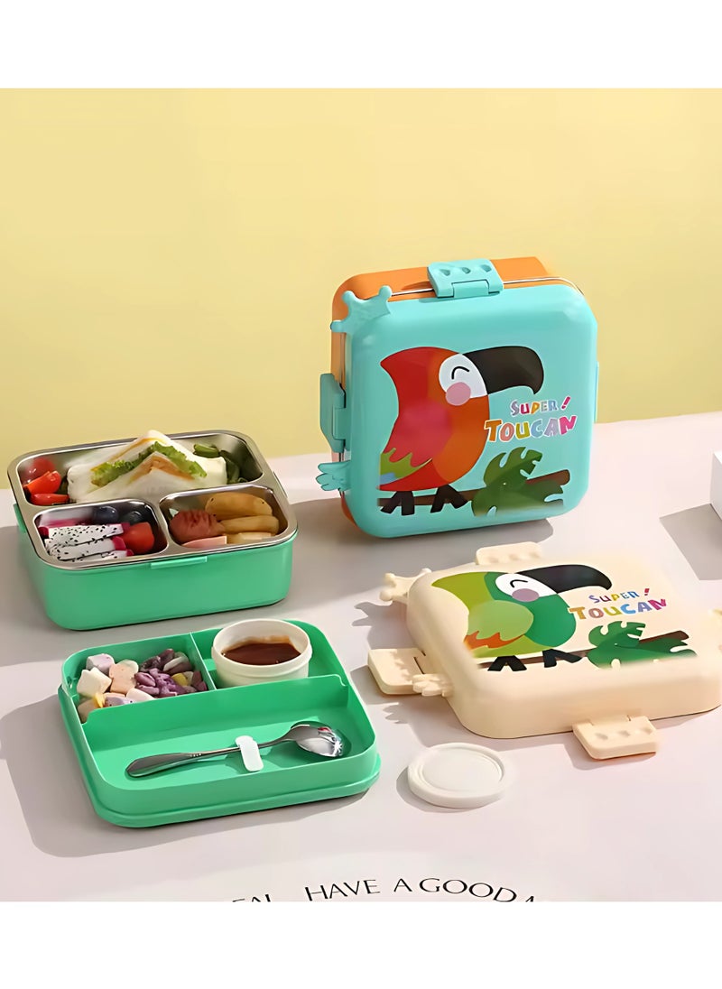Twisoo Kids Lunch Box Stainless Steel Insulated – Double Decker Leakproof Bento Box with Spoon, Soup Bowl, Dishwasher Safe, Durable, Perfect for School or Travel 1120ml (Parrot Cream)