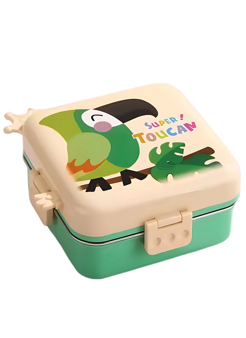 Twisoo Kids Lunch Box Stainless Steel Insulated – Double Decker Leakproof Bento Box with Spoon, Soup Bowl, Dishwasher Safe, Durable, Perfect for School or Travel 1120ml (Parrot Cream)