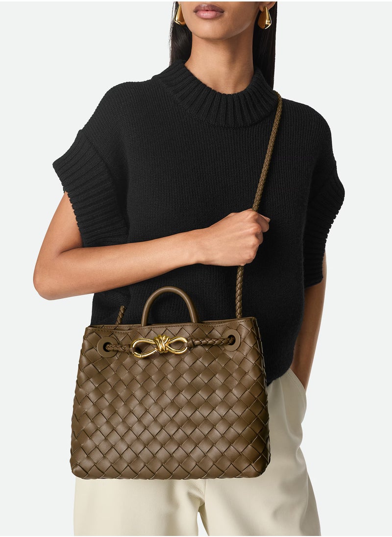 VENETA Andiamo Top handle bag leather bag with signature knot detail and sliding cross-body strap.