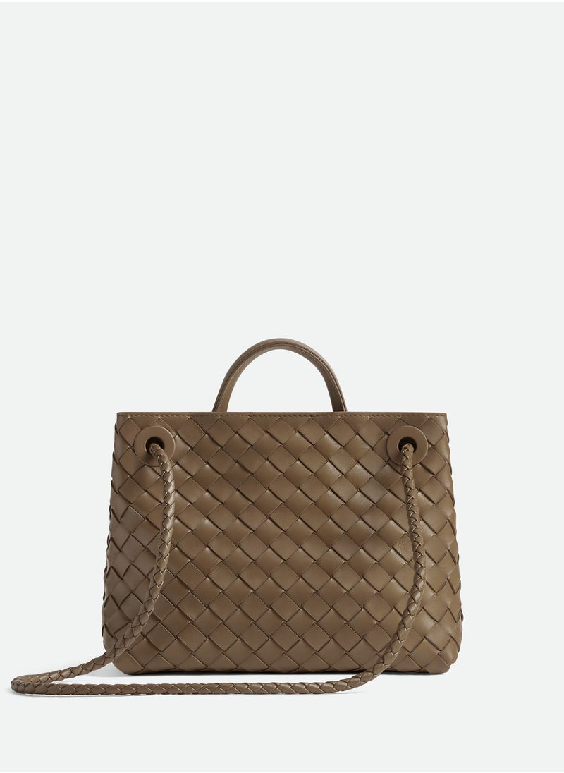 VENETA Andiamo Top handle bag leather bag with signature knot detail and sliding cross-body strap.