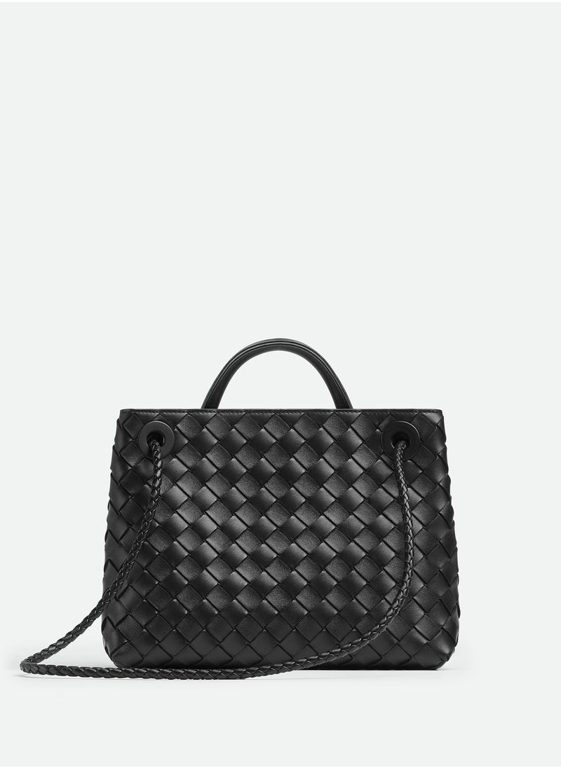 VENETA Andiamo Top handle bag leather bag with signature knot detail and sliding cross-body strap.