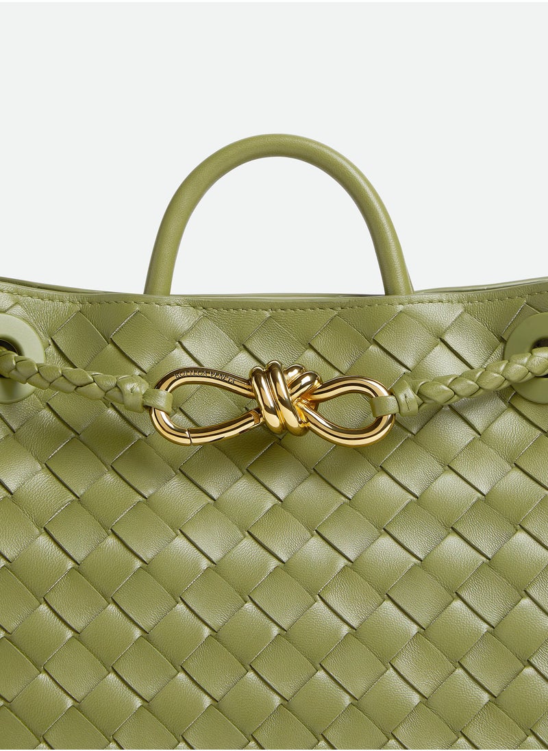 VENETA Andiamo Top handle bag leather bag with signature knot detail and sliding cross-body strap.