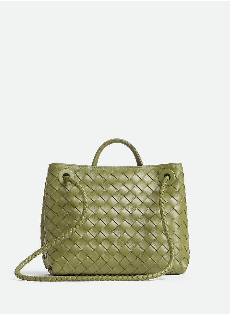 VENETA Andiamo Top handle bag leather bag with signature knot detail and sliding cross-body strap.