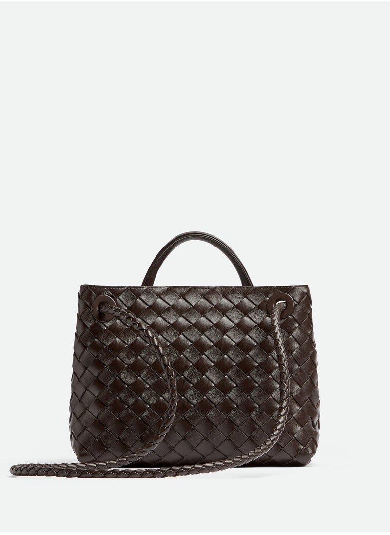VENETA Andiamo Top handle bag leather bag with signature knot detail and sliding cross-body strap.