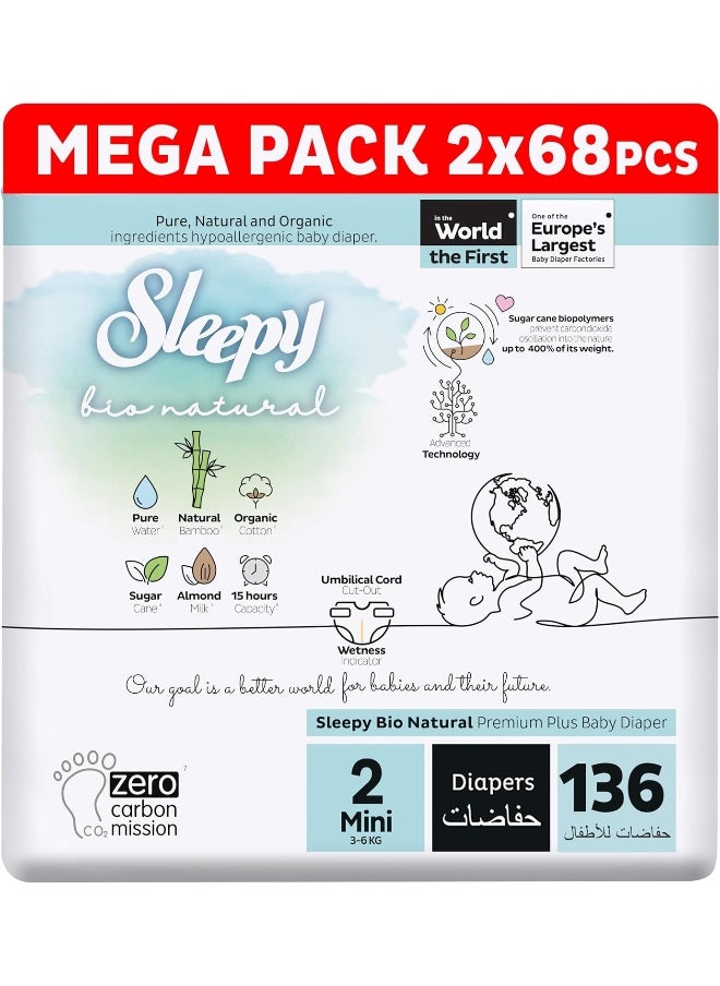 Pack Of 136  Natural Premium Size 2 Diapers, Baby Dry Taped Diapers, 3-6Kg, Hypoallergenic, Water Based, Almond Milk, Vegan, 100% Leakproof, 2 X 68 Pieces