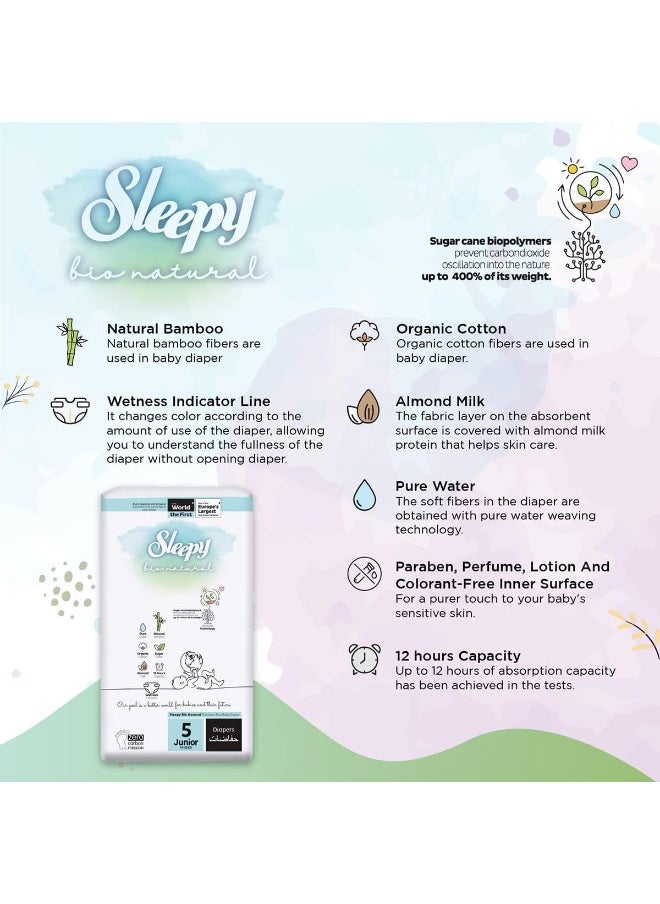 Baby Dry Taped Diapers Bio Natural Premium Size 5 Diapers, 120 Count, 11-18Kg, Hypoallergenic, 3 X 40 Water Based, Almond Milk, Vegan, 100% Leakproof