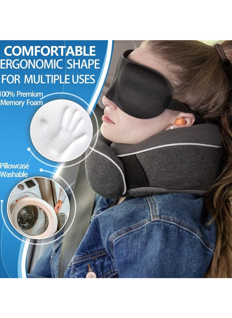 Travel Neck Pillow and 3 Pairs of Sleep Earplugs, Memory Foam U Shaped Neck Support 100% Pure Memory Foam Pillow Ergonomic Design Soft Best Full Neck Surround Pillow Sleep for Airplane Car Office and Home Resting (black)