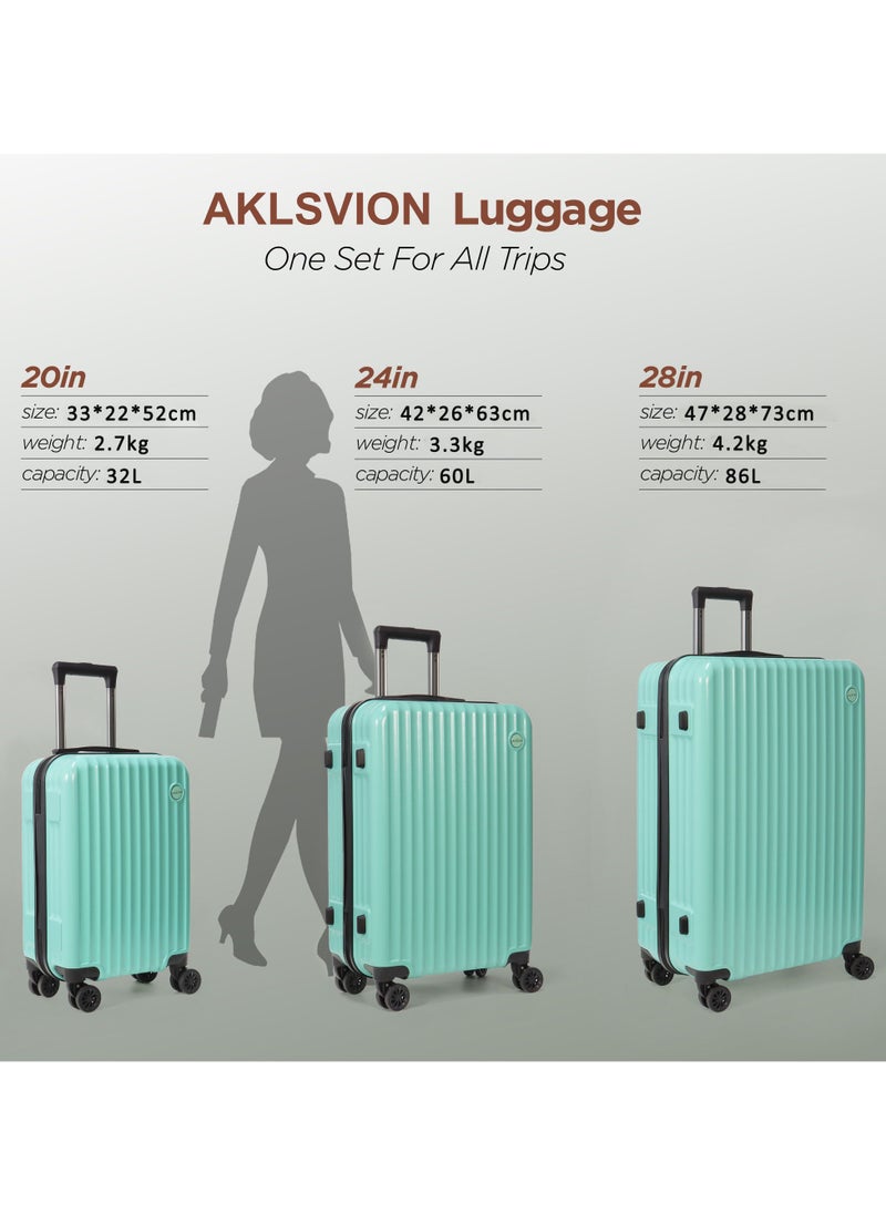 Aklsvion Luggage Sets 3 Piece With Spinner Wheels Lightweight Durable Carry On Cabin Travel Suitcase With Digital Lock Hard Shell ABS+PC 20/24/28in Mint Green