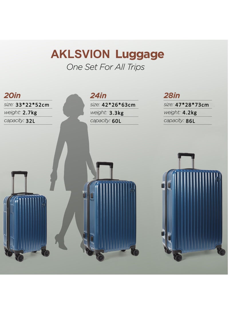 Aklsvion Luggage Bag Set Of 3 Pcs ABS+PC Hard Side Trolley Bags With 360°Rotational Wheels And Lockable System Top Quality Travel Bag Navy Blue