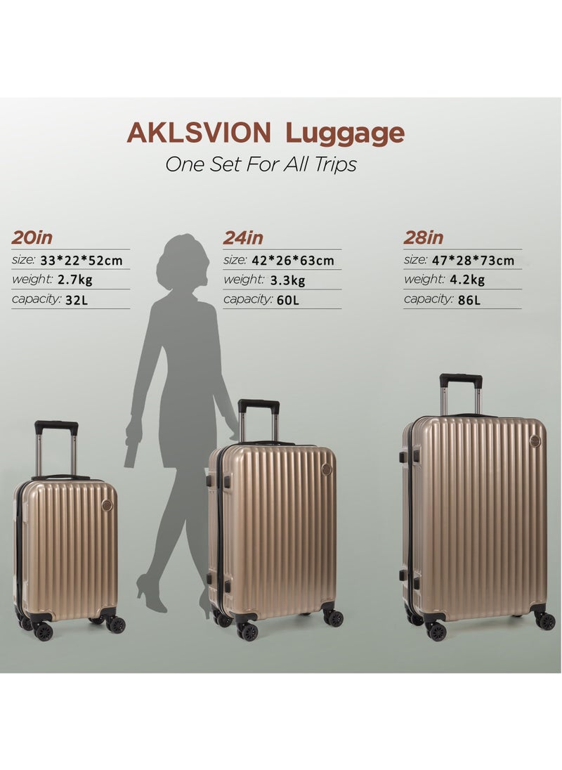 Aklsvion Hard Case Trolley Luggage Set For Unisex ABS+PC Lightweight 4 Double Wheels Suitcase With Built In Digital Lock Champagne