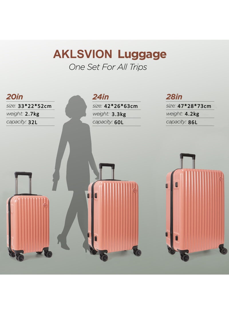 Aklsvion Hard Case Trolley Luggage Set For Unisex ABS+PC Lightweight 4 Double Wheels Suitcase With Built In Lock Pink