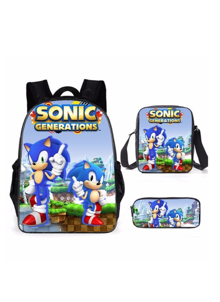 2025 new Sonic backpack student large-capacity schoolbag Sonic 2 animation sacker bag pen bag,2-Three-piece set - Sonic