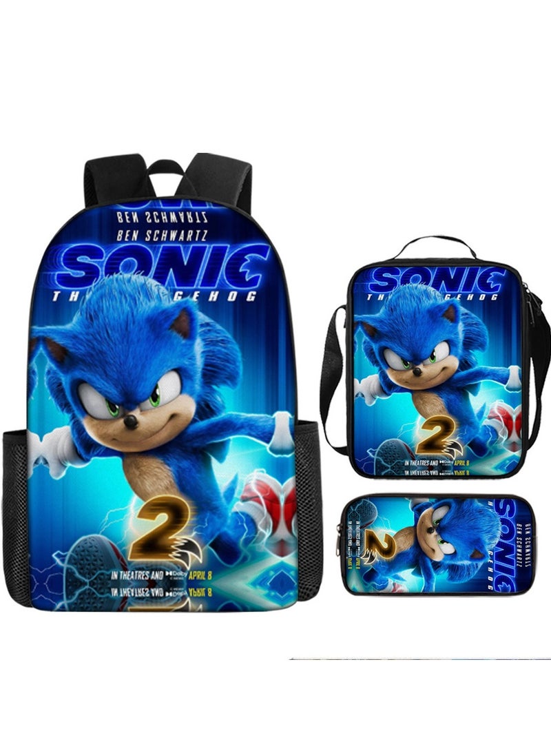 2025 new Sonic backpack student large-capacity schoolbag Sonic 2 animation sacker bag pen bag,2-Three-piece set - Sonic