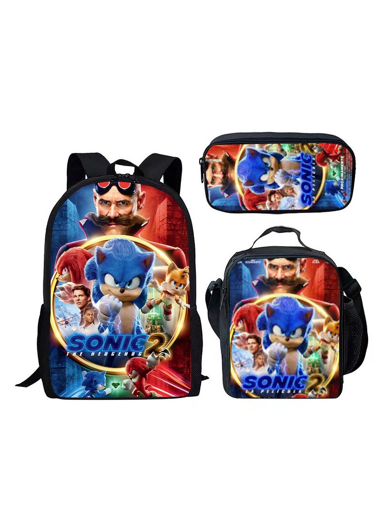 2025 new Sonic backpack student large-capacity schoolbag Sonic 2 animation sacker bag pen bag,2-Three-piece set - Sonic