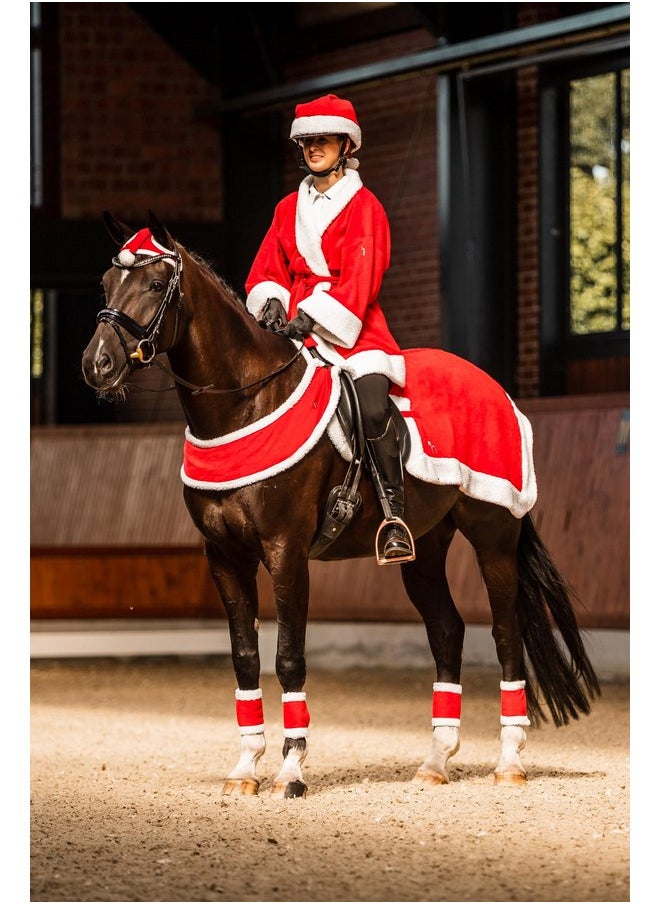 HORZE Santa Christmas Fleece Horse Quarter Sheet Riding Blanket with Faux Fur - Red - Horse