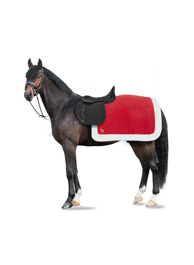 HORZE Santa Christmas Fleece Horse Quarter Sheet Riding Blanket with Faux Fur - Red - Horse