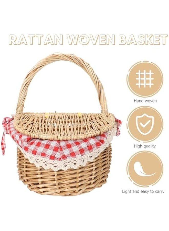 Empty Basket Fruit Vegetable Storage Basket 1pc Wicker Weaving Basket Camping Picnic Basket with Double Lid Linen Cotton Cloth Lining for Storage and Decoration Baskets Empty