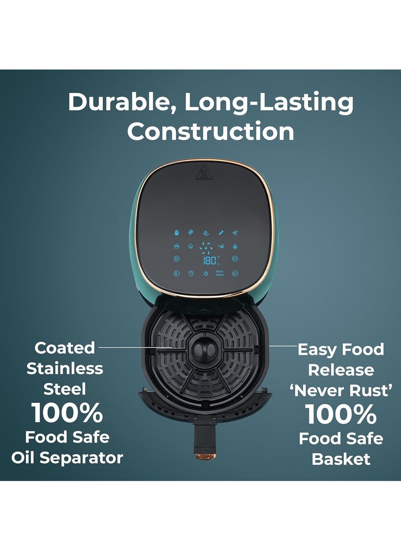 Healthifry Digital Air Fryer, 360° High Speed Air Circulation Technology 1200 W with Non-Stick 4.2 L Basket - Green
