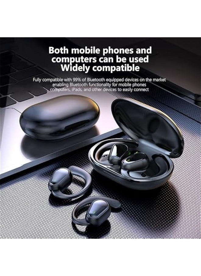 Open Ear Clip Wireless Earbuds - Bluetooth 5.3 Wireless Ear Buds Headset - Sport Earphones with Earhooks, Built-in Mic, 9D Stereo Sound, 48Hrs Play Back, LED Power Display, IPX5