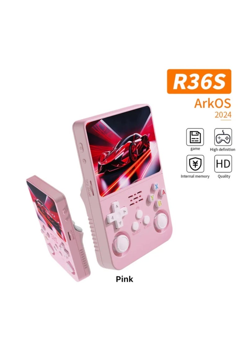 R36S Handheld Retro Gaming Console Linux System with 128G TF Card, Preloaded with 15000+ Games, Retro Video Game Console 3.5-inch IPS Screen Pink