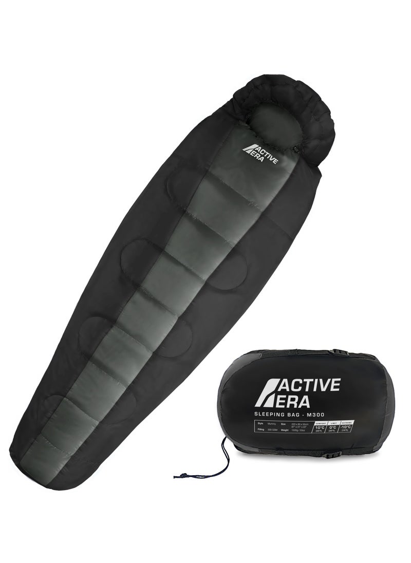 Era Professional 300 Warm Mummy Sleeping Bag - 300 Gsm Double Layer Filling, 2-3 Season For Camping, Hiking, Outdoors - Black