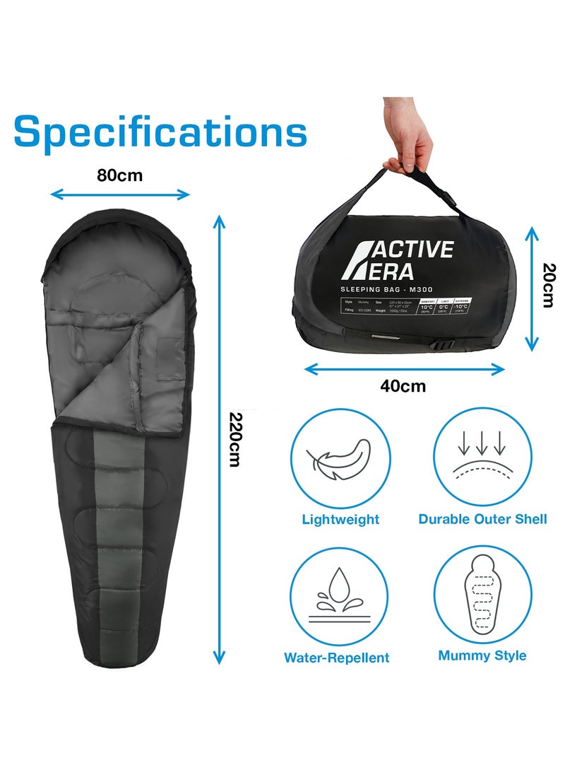 Era Professional 300 Warm Mummy Sleeping Bag - 300 Gsm Double Layer Filling, 2-3 Season For Camping, Hiking, Outdoors - Black