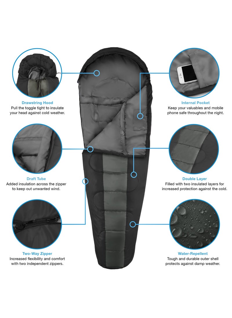 Era Professional 300 Warm Mummy Sleeping Bag - 300 Gsm Double Layer Filling, 2-3 Season For Camping, Hiking, Outdoors - Black