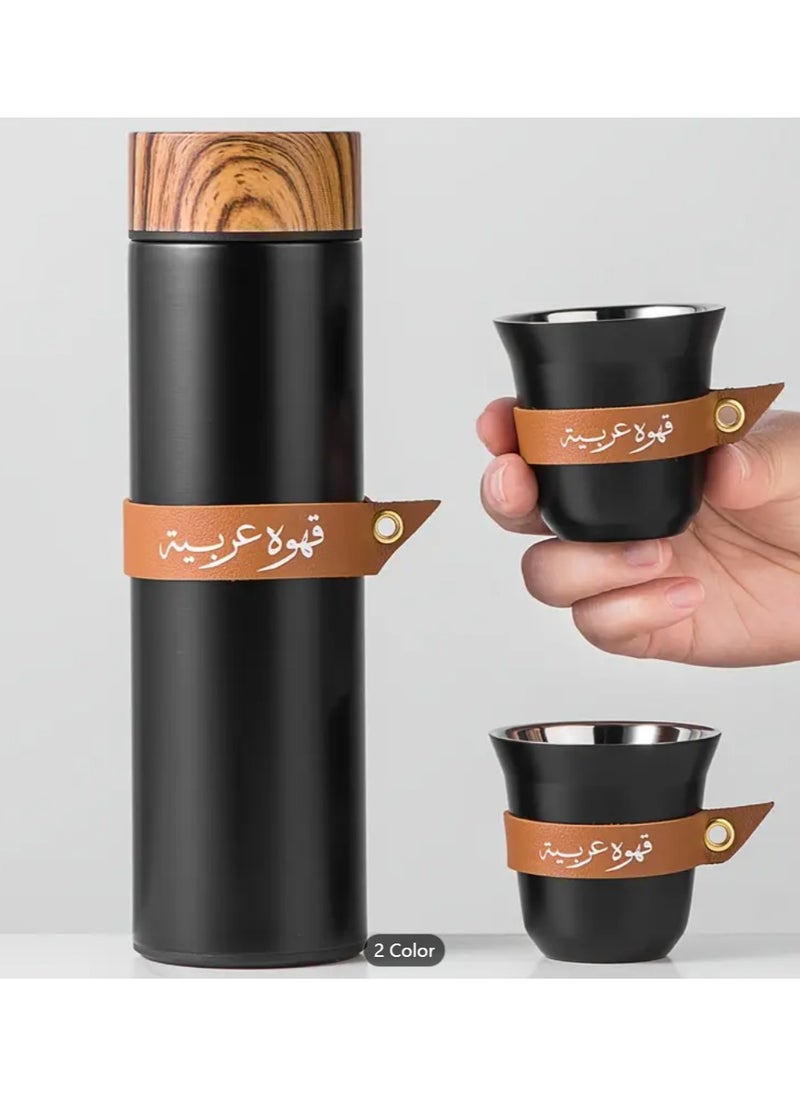 3pcs Coffee Gift Set, Including 1pc 400ml Stainless Steel Water Bottle with 2pcs 80ml Coffee Cups, Coffee Cups with Leather Sleeve, Insulated Tumbler with Wood Grain Lid, Travel Bottle and Water Cup