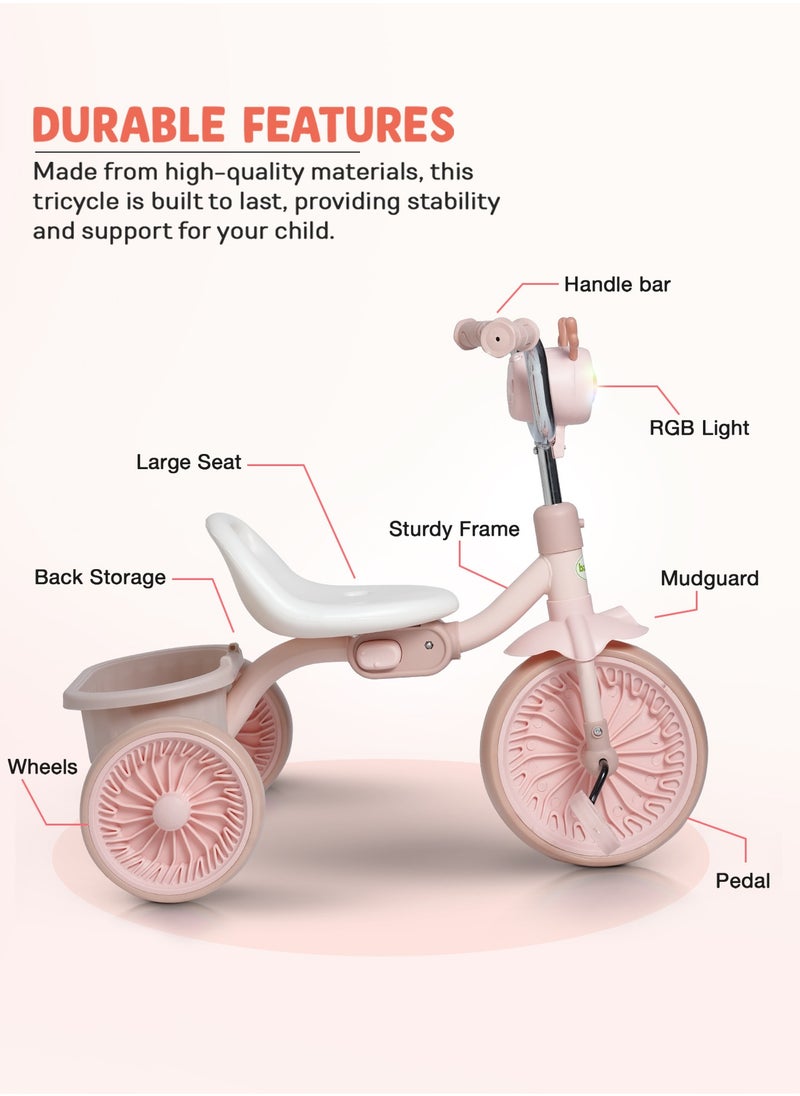 Triky Foldable Baby Tricycle for Kids, Baby Cycle with Light, Music, High Backrest u0026 Rear Storage Basket | Kids Cycle Bike | Kids Tricycle Cyle for Kids 2 to 5 Years Boys Girls Pink