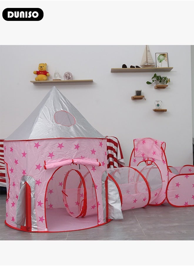 Foldable Play Tent, 3 in 1 Starry Sky Play Tent for Kids, Combo Play Toy Tent with Crawl Tunnel and Ball Pit, Stars Themed Playhouse Indoor Outdoor Games Party Children Pop Up Foldable Tent Birthday Toy for Boys Girls Baby, Ideal Gift in Holiday & Birthday