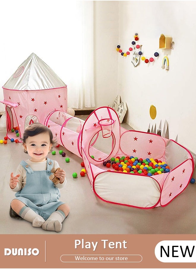 Foldable Play Tent, 3 in 1 Starry Sky Play Tent for Kids, Combo Play Toy Tent with Crawl Tunnel and Ball Pit, Stars Themed Playhouse Indoor Outdoor Games Party Children Pop Up Foldable Tent Birthday Toy for Boys Girls Baby, Ideal Gift in Holiday & Birthday