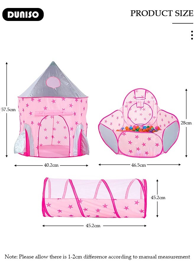 Foldable Play Tent, 3 in 1 Starry Sky Play Tent for Kids, Combo Play Toy Tent with Crawl Tunnel and Ball Pit, Stars Themed Playhouse Indoor Outdoor Games Party Children Pop Up Foldable Tent Birthday Toy for Boys Girls Baby, Ideal Gift in Holiday & Birthday