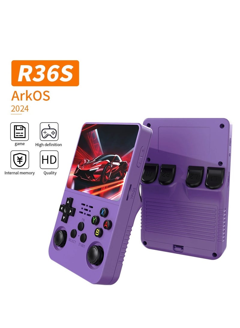 R36S Handheld Retro Gaming Console Linux System with 128G TF Card, Preloaded with 15000+ Games, Retro Video Game Console 3.5-inch IPS Screen Purple