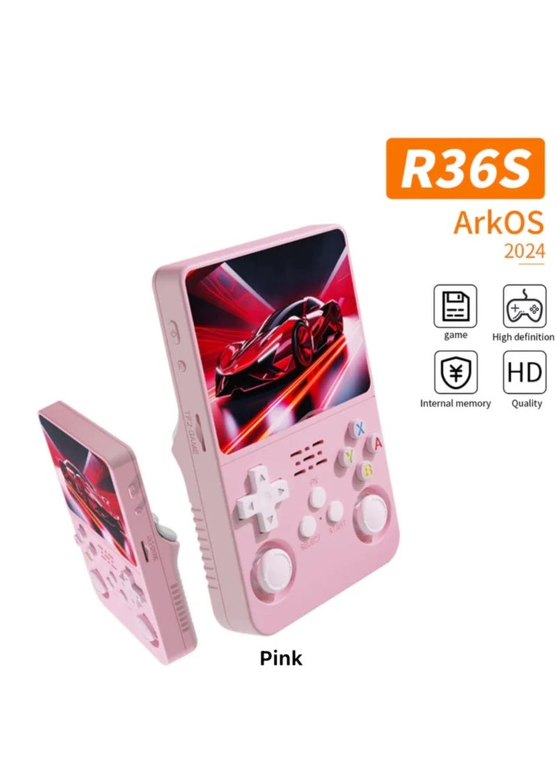 R36S Handheld Retro Gaming Console Linux System with 64G TF Card, Preloaded with 15000+ Games, Retro Video Game Console 3.5-inch IPS Screen Pink