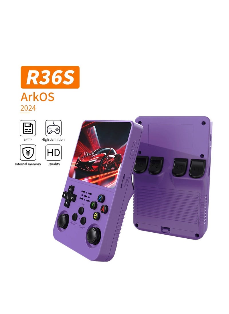 R36S Handheld Retro Gaming Console Linux System with 64G TF Card, Preloaded with 15000+ Games, Retro Video Game Console 3.5-inch IPS Screen Purple