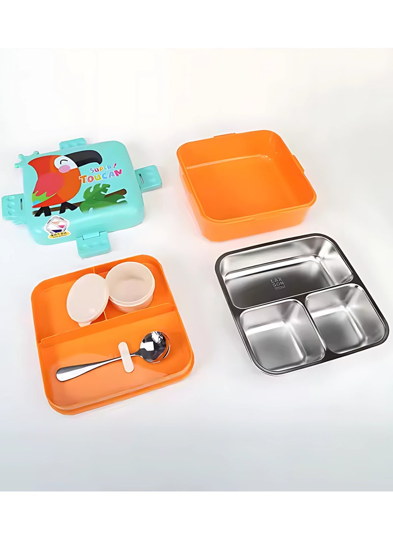 Twisoo Kids Lunch Box Stainless Steel Insulated – Double Decker Leakproof Bento Box with Spoon, Soup Bowl, Dishwasher Safe, Durable, Perfect for School or Travel 1120ml (Parrot Green)