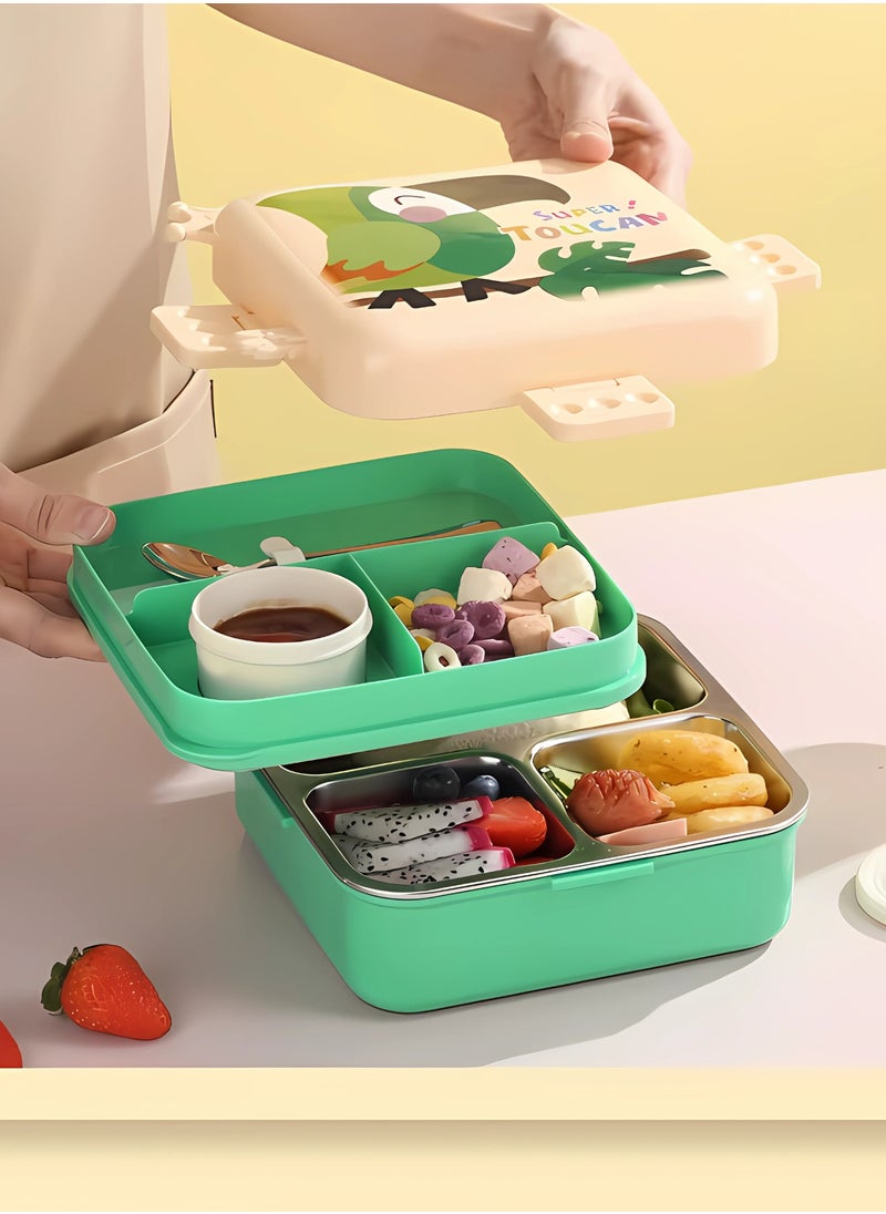 Twisoo Kids Lunch Box Stainless Steel Insulated – Double Decker Leakproof Bento Box with Spoon, Soup Bowl, Dishwasher Safe, Durable, Perfect for School or Travel 1120ml (Parrot Green)