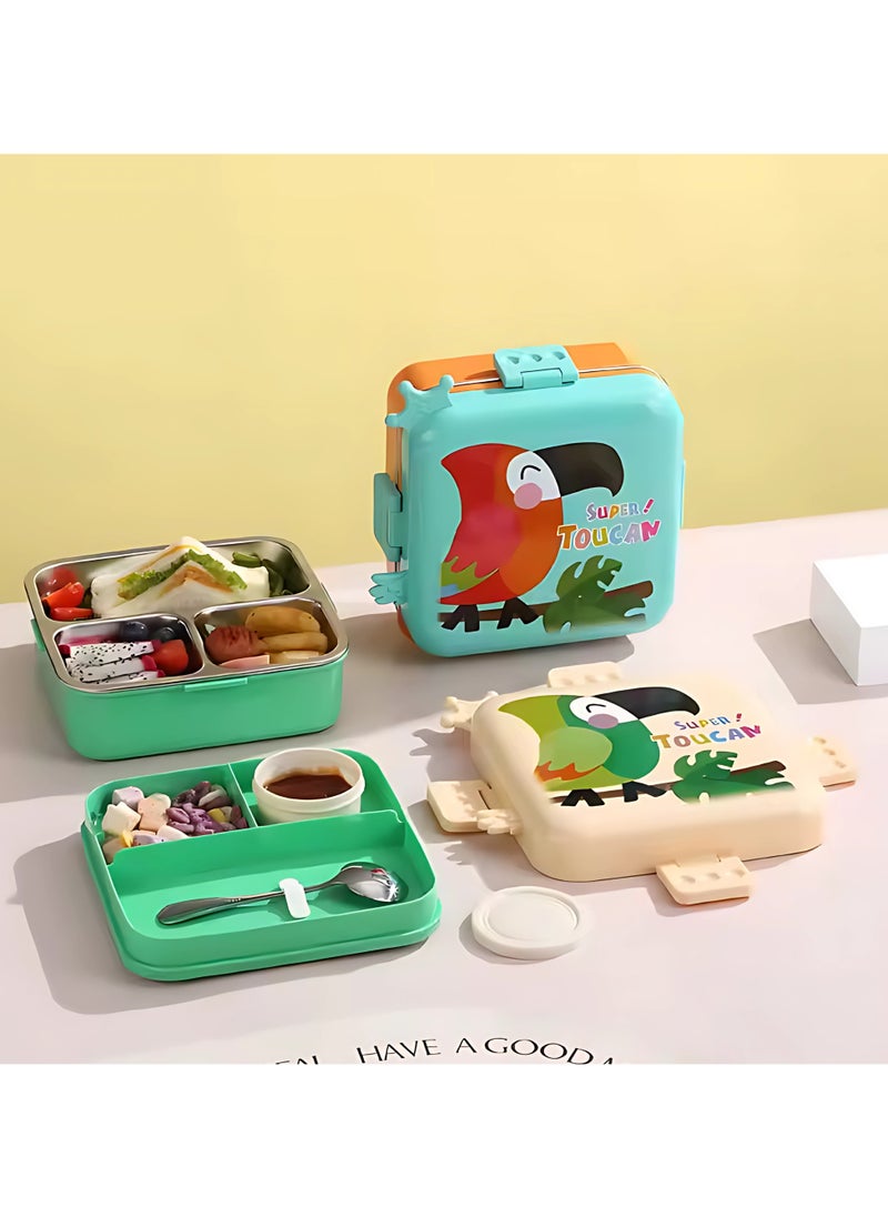 Twisoo Kids Lunch Box Stainless Steel Insulated – Double Decker Leakproof Bento Box with Spoon, Soup Bowl, Dishwasher Safe, Durable, Perfect for School or Travel 1120ml (Parrot Green)