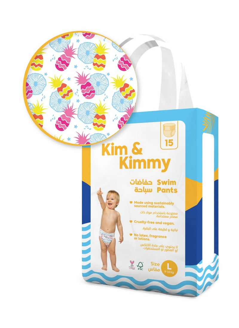 Tropicool Pineapple Swim Diapers, 15 Pieces, Large, 9-14kg - Soft Leg Cuffs, Bubble Waistband, Easy On and Off
