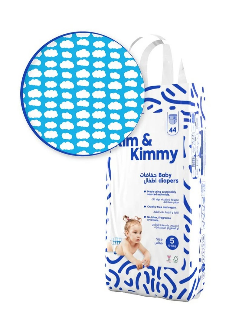 Little Clouds Tape Style Baby Diapers, 44 Pieces, Size 5, 12 to 17kg - 12Hours Leak Protection, Wetness Indicator, Quick Absorb