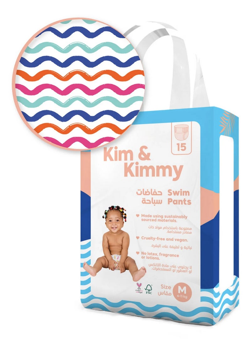 Wave Riders Swim Diapers, 15 Pieces, Medium, 6-11kg - Soft Leg Cuffs, Bubble Waistband, Easy On and Off