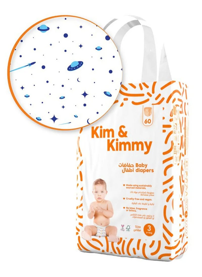 Space Travel Ultra-Thin Soft Tape Style Diapers Size 3 (6-11kg) 60 Pieces with 12hr Leak Protection and Wetness Indicator