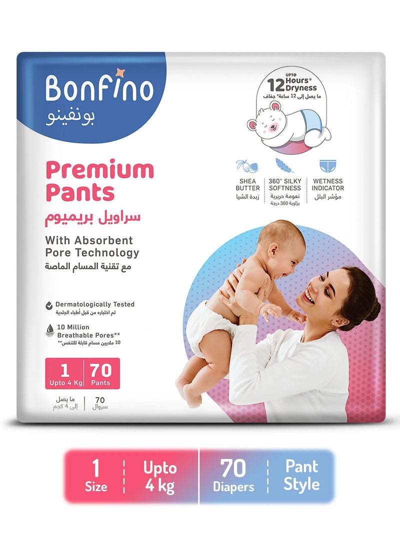 Bonfino Premium Pant Style Diapers, Best Absorbency, Hypoallergenic, Leak Guard, Overnight Diapers, Size 1, New Born - 70 pieces