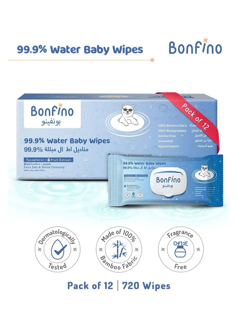 Bonfino Hypoallergenic 99.9% Water Baby Wipes, Alcohol & Fragrance-Free, Biodegradable Bamboo, Pack of 12 - 720 Pieces