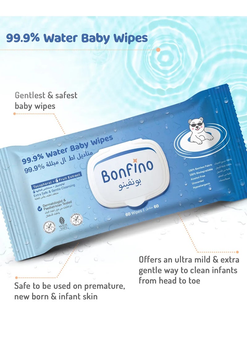 Bonfino Hypoallergenic 99.9% Water Baby Wipes, Alcohol & Fragrance-Free, Biodegradable Bamboo, Pack of 12 - 720 Pieces