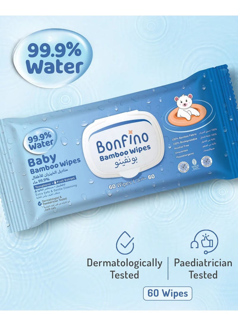 Bonfino Hypoallergenic 99.9% Water Baby Wipes, Alcohol & Fragrance-Free, Biodegradable Bamboo - 60 Pieces