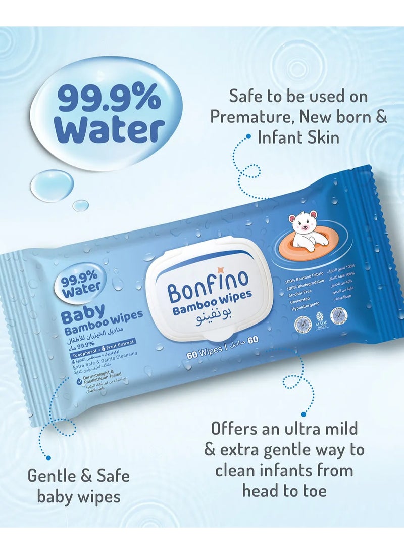Bonfino Hypoallergenic 99.9% Water Baby Wipes, Alcohol & Fragrance-Free, Biodegradable Bamboo - 60 Pieces