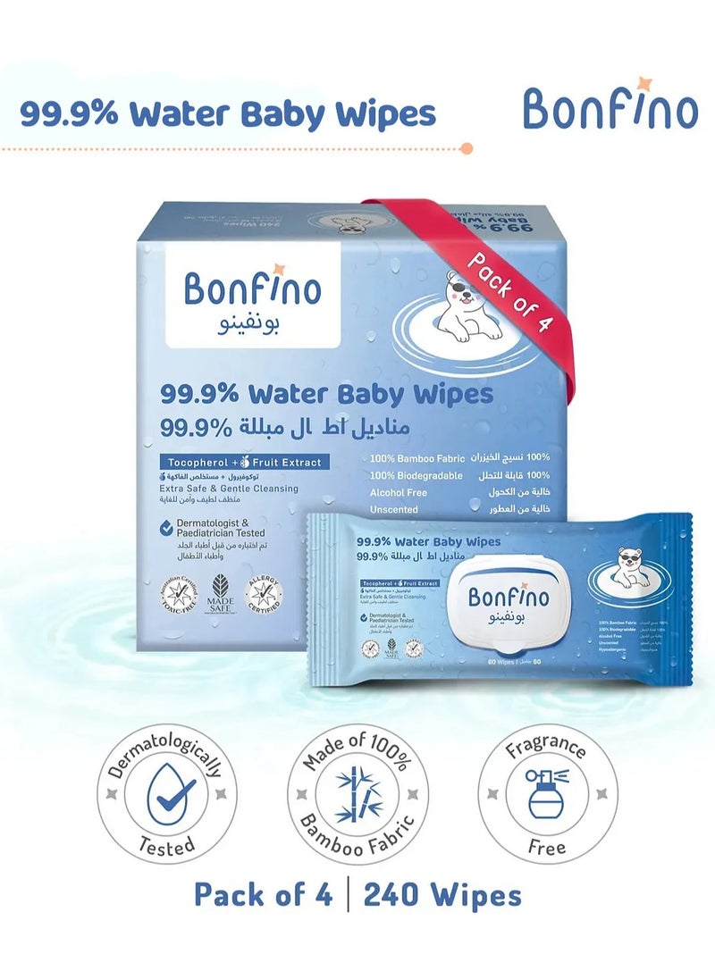 Bonfino Hypoallergenic 99.9% Water Baby Wipes, Alcohol & Fragrance-Free, Biodegradable Bamboo, Pack of 4 - 240 Pieces