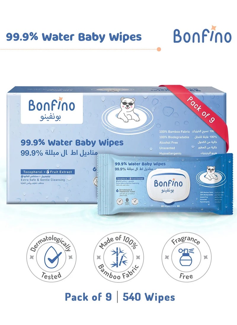 Bonfino Hypoallergenic 99.9% Water Baby Wipes. Alcohol & Fragrance-Free, Biodegradable Bamboo, Pack of 9 - 540 Pieces