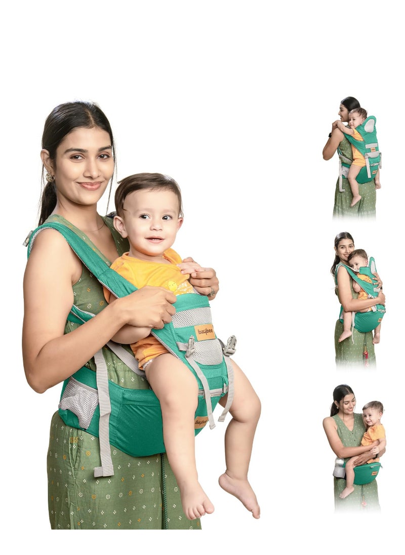 Baybee 9 in 1 Ergo+ Baby Carrier for Newborn with Hip Seat, 9 Carry Positions, Baby Kangaroo Carrier Bag | Baby Carry Sling Front Back Carrier with Safety Belt| Baby Carry Bag (Green ||)